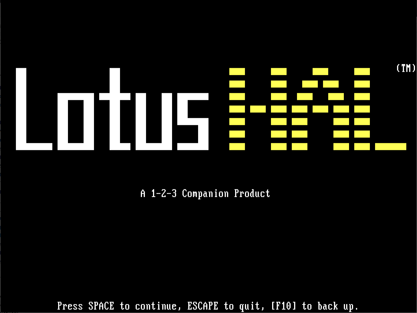 Splash screen for Lotus HAL. Black with the logo in block ASCII art letters. Lotus in white, HAL in yellow. It reads below that, "A 1-2-3 Companion Product"