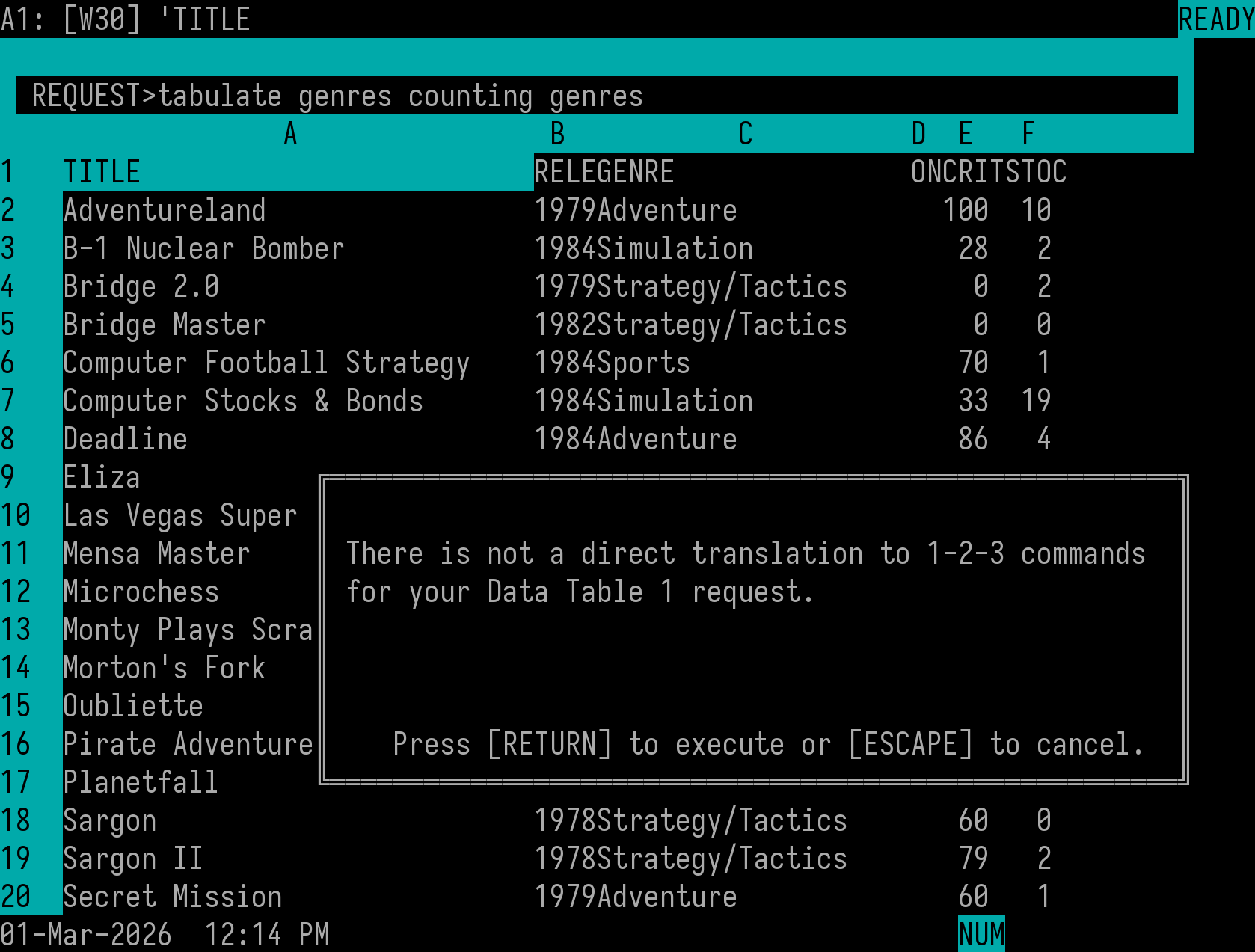 Screenshot showing HAL in progress. My request reads, "tabulate genres counting genres" which works! But here in F6 mode, we get a TUI alert, "There is not a direct translation to 1-2-3 commands for your Data Table 1 request." Ah well, I tried.