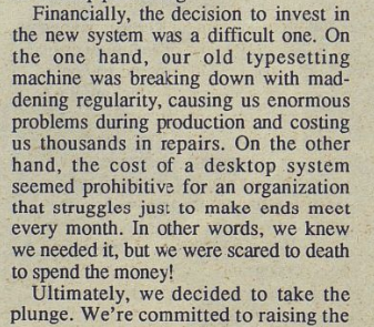 Snippet from SOJOURNER reads, "Financially, the decision to invest in the new system was a difficult one. We knew we needed it, but we were scared to death to spend the money!"