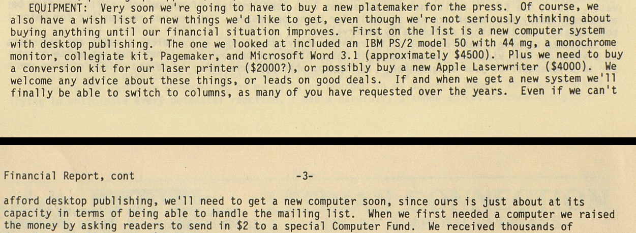Snippet showing a recalculation of the costs involved to get set up with the equipment they need. They say, "We're not seriously thinking about buying anything until our financial situation improves. If and when we get a new system we'll finally be able to switch to columns, as many of you have requested over the years."