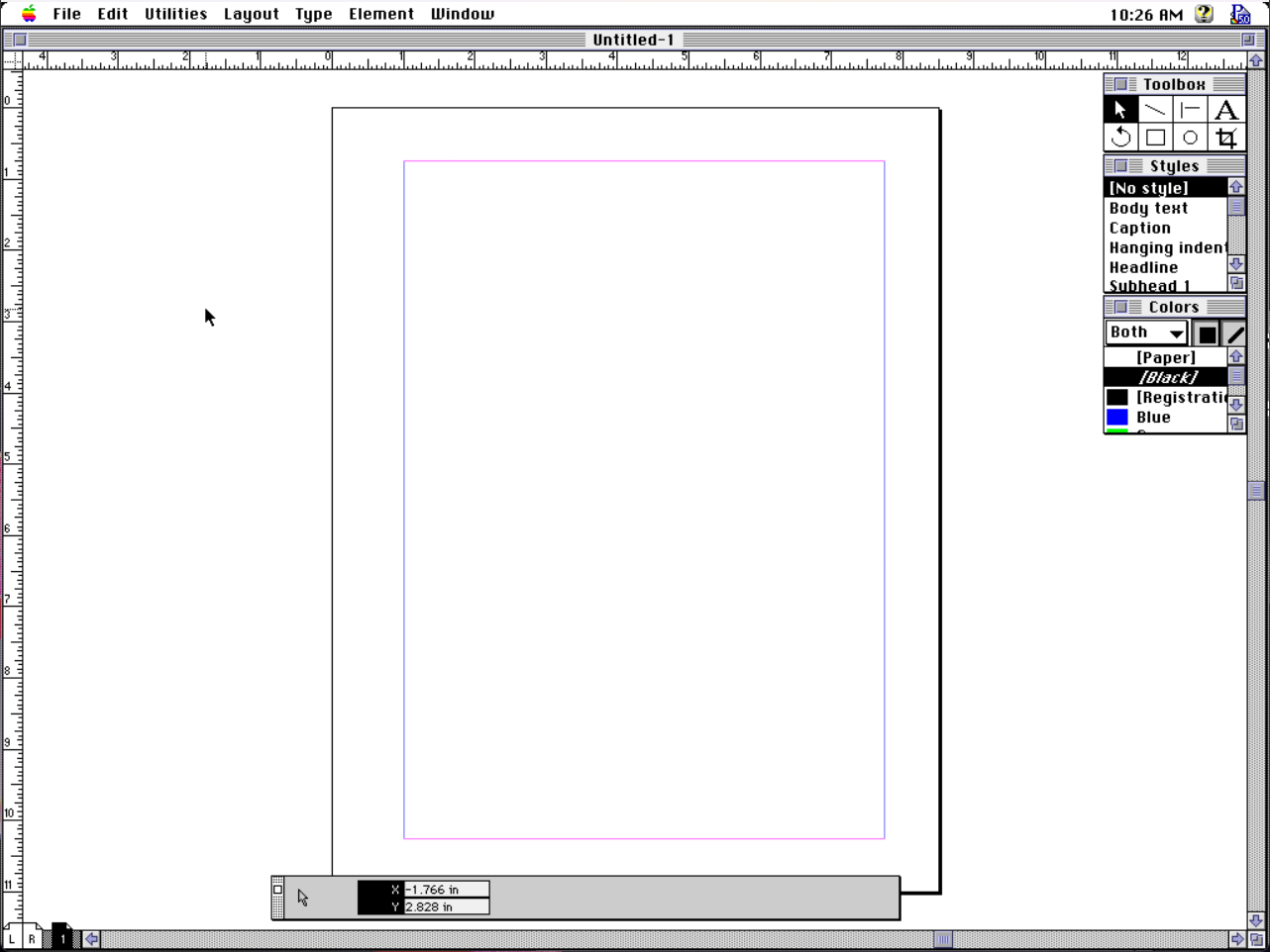 Screenshot of the starting point of any PageMaker project: a blank page. The story describes the image in detail.