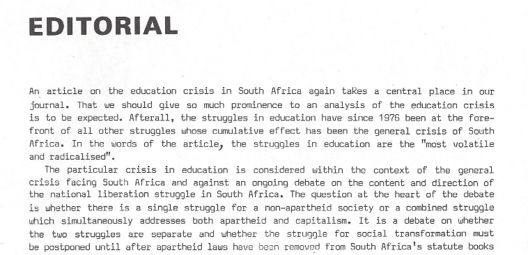 Snippet from Azania Worker. The monthly editorial is just a full-width typewritten (possibly electronically set in some fashion) column. Absolutely nothing fancy in the layout.