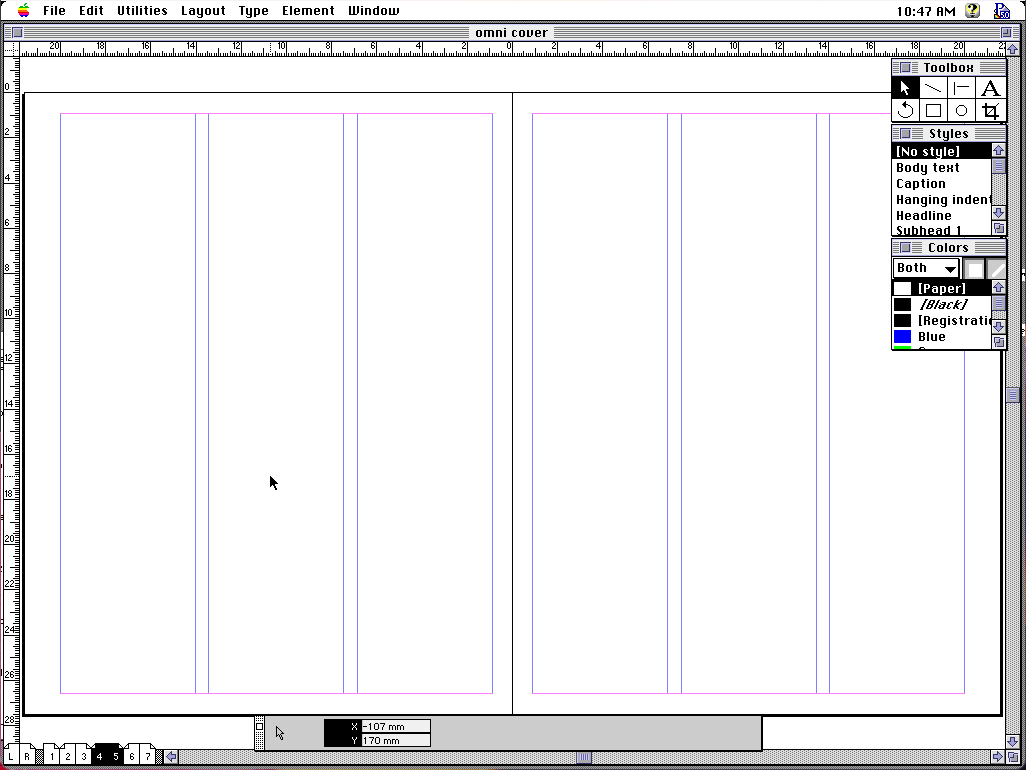 A blank two page spread showing three columns defined by guidelines on each page. These will act as guides for laying down three columns of text.