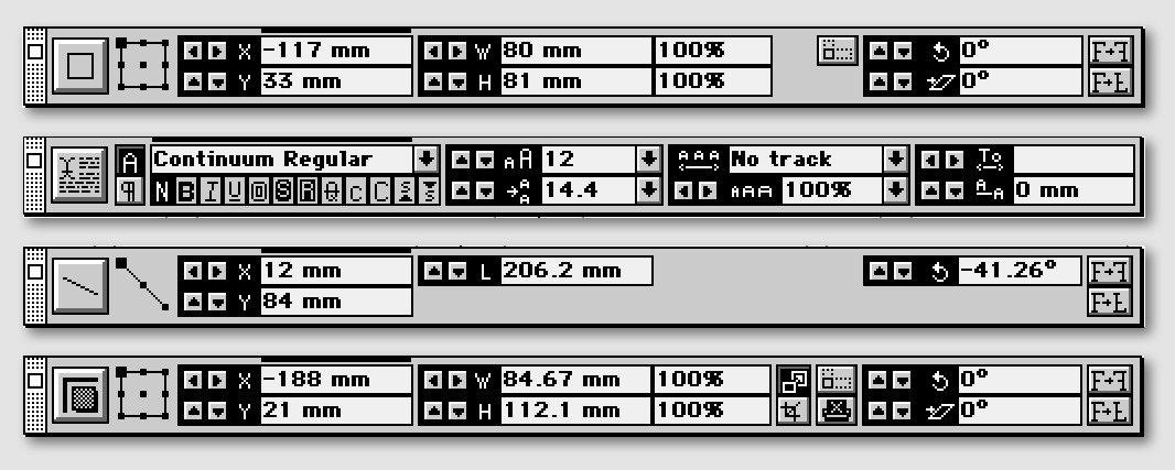 Four examples of the control palette showing radically different button arrangements and tools. The box tool gives position, scaling, rotation, and skew controls. The text palette has options for character or paragraph control, font selection and decoration, kerning, tracking, leading and more. 