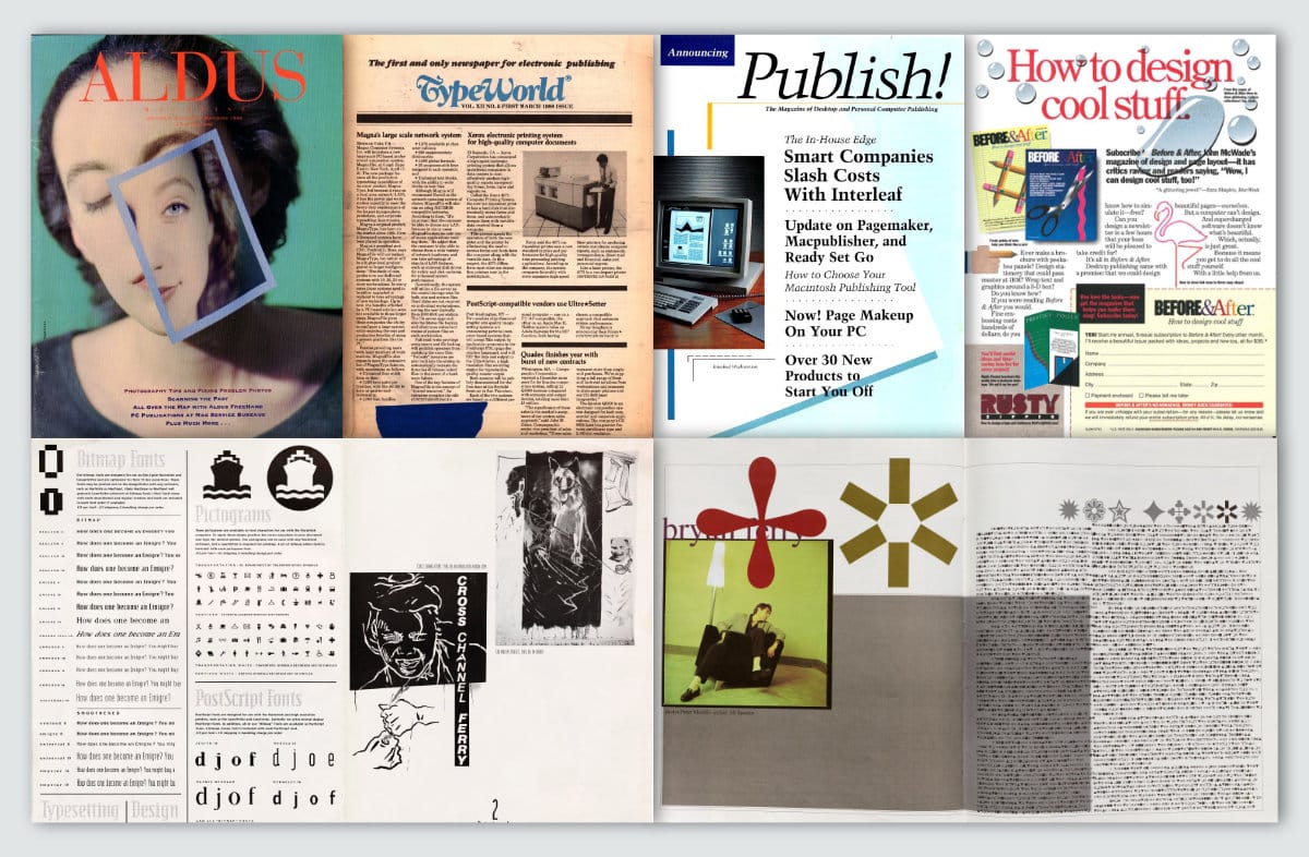 A collage of the magazines mentioned in the caption. Not much interesting, except historically. The Ray Gun spread is interesting because they chose to be cheeky and print an interview with Bryan Terry all in Zapf Dingbats. It's illegible, but now I'm kind of curious to translate it?