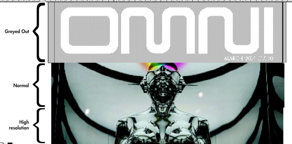 Screenshot divided into three stacked horizontal strips. The top is the image in greyed-out mode, the middle is in "normal" mode and kind of low resolution, the bottom is "high resolution" mode and looks sharp, though not perfect.