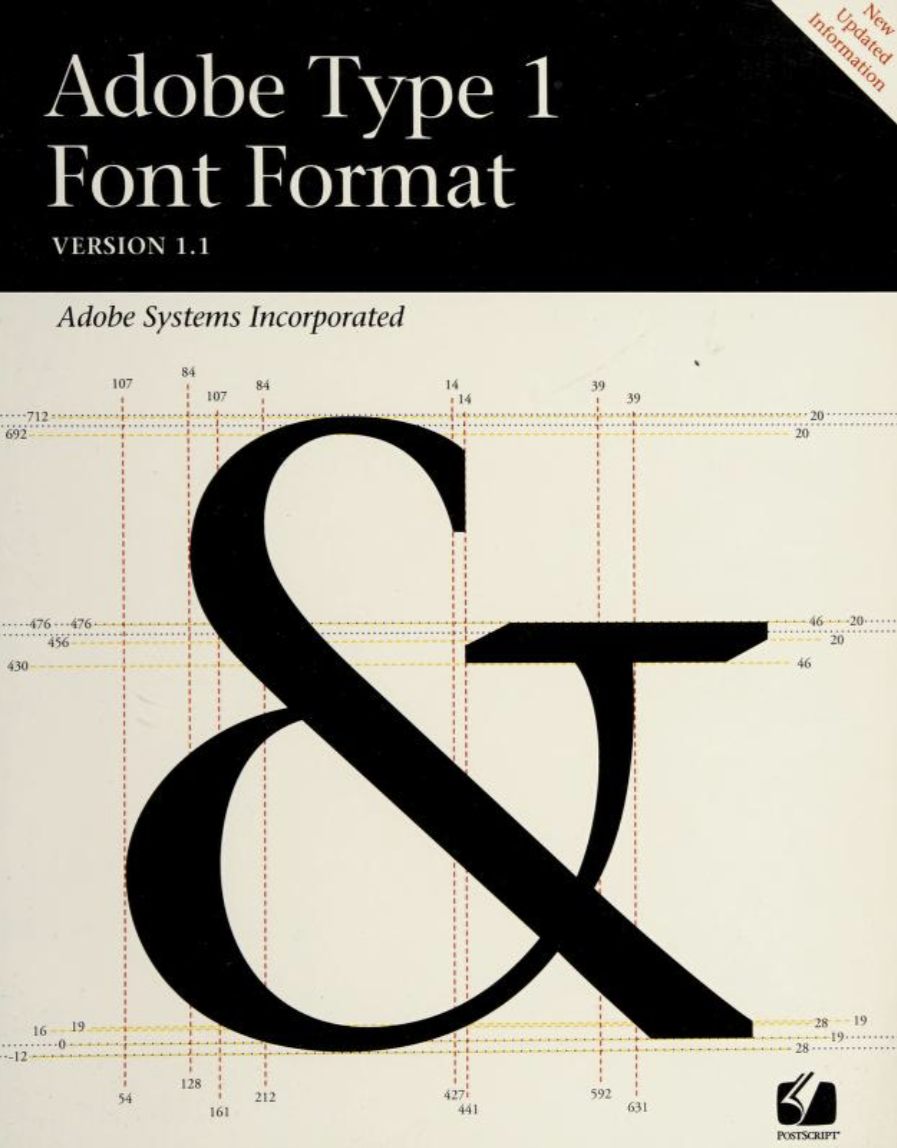 The cover of Adobe's published Type 1 Font Format spec. The title is in white on a black field that stripes the top 1/6 of the cover. The rest is a single large ampersand in black on cream, with dozens of font measurement guidelines measuring out every serif and curve of the letterform.
