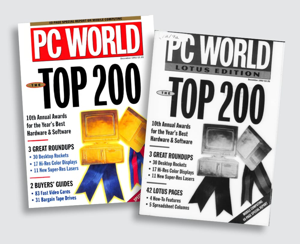 Comparative covers from the same month of publication. The left is the newsstand version, branded with the normal PC World logo: bold white letters on a red field. The right has that, but the logo has been shifted up to make room for an attachment along the base of the logo which reads "Lotus Edition". The "2 Buyer's Guides" callout on the cover for the newsstand edition has been replaced with "42 Lotus Pages" and a couple of article teases.