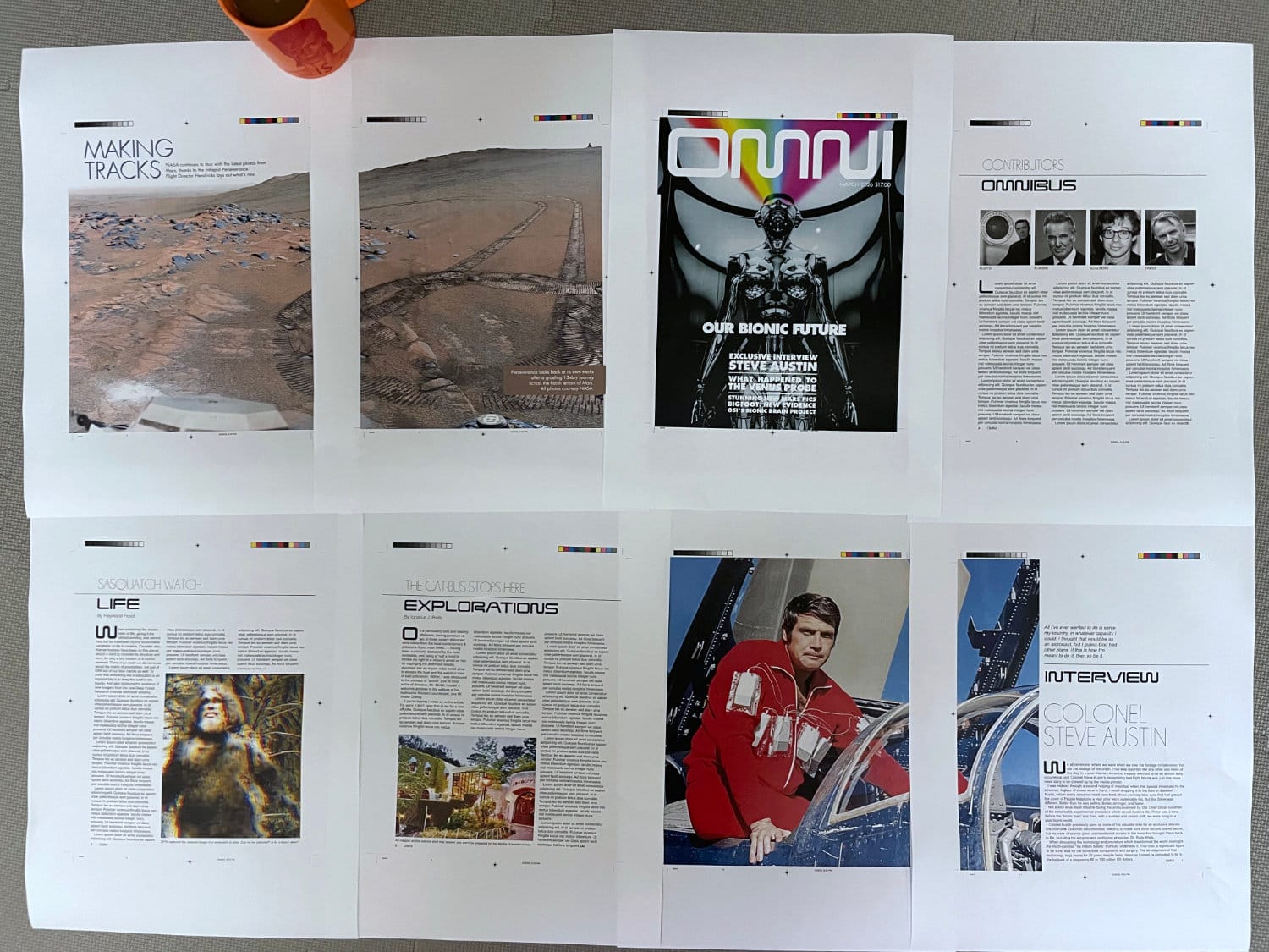 Photo of my printouts laid out on the floor. The Mars spread, the cover, the fictional "contributors" page with a variety of fictional scientists and author. A page featuring a story about sasquatch, the image taken from Six Million Dollar Man. A story about the Ghibli museum titled "The Cat-Bus Stops Here". Then a two-page spread featuring an iconic image of Lee Major in his read running suit from Six Million Dollar Man. He is perched in an open fighter jet cockpit. The visible text reads "Interview, Colonel Steve Austin" The PDF has more text to read and a number of little jokes and references. I surprisingly took a more measured approach to the mock Austin interview.