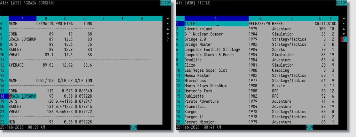 Two screenshots showing successful data import, as the caption described. The VisiCalc data show various grains, their protein percentages, cost per ton, and other calculations. The right shows some of the games from the dBase import, including titles, release year, genre, critic scores.