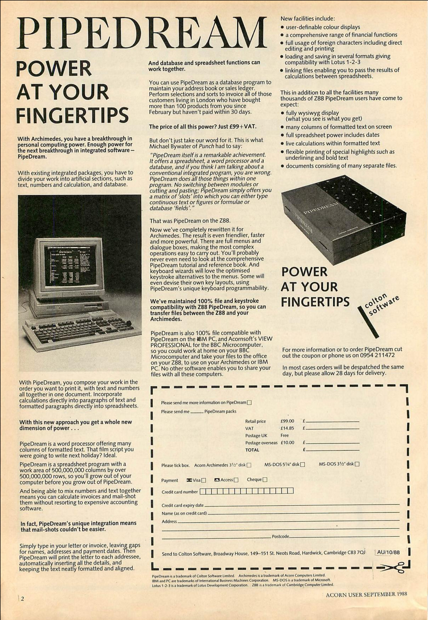 Black text in three columns on white background. 1/3 of the layout is a clip out order form for PipeDream; this appears to be the first version for the Archimedes. Header reads simply, "PipeDream. Power at your fingertips."
