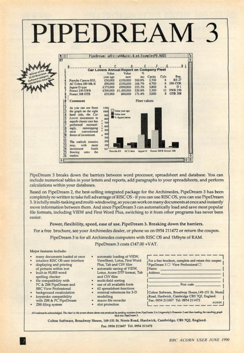 Full page ad for PipeDream 3, laid out more like a business letter than a typical ad. Screenshot showing mixed word processing and inline bar chart tops the ad. No headline except for "PipeDream 3" and a callout "Winner of the 32-bit Business Software Category 1989/90 BAU Awards."