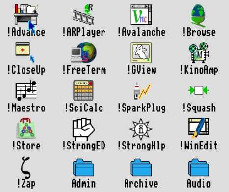 A set of basic icons that ship in a standard RISC OS installation. SciCalc, Browse, FreeTerm, StrongHelp, Zap, and other confusingly named applications. Some icons have color and detail, clearly drawn by an artists. Some are so barebones and ugly it beggars belief. I don't even have the words to describe what the Zap application icon is, or what it is trying to be. Baffling!