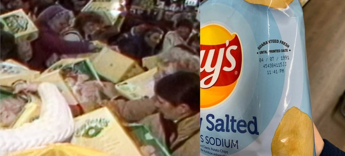A visual gag image juxtaposing a screen grab from a news report on the Cabbage Patch Kids shopping craze in the early 80s, people fighting over dolls. Beside it, is a picture of a bag of potato chips with a desperately out of date "use by" date of April 1991. "Backdate Bag Chips" being, of course, an anagram for "Cabbage Patch Kids". Aren't I clever?