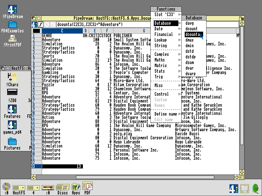 Screenshot showing the "Database" function menu of 10 options. Average, count, counta (includes non-numeric), max, min, sum, and more.