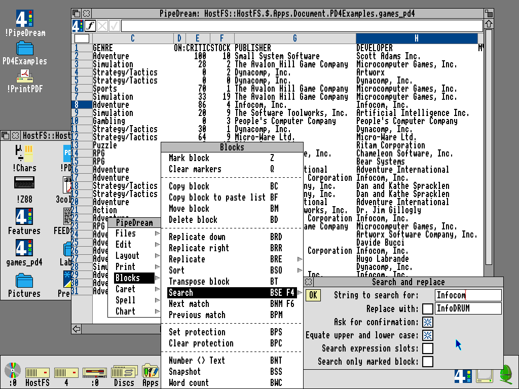 Screenshot showing the "Search and replace" panel in PipeDream. I'm searching for "Infocom" and replacing with "Info DRUM", case sensitive.