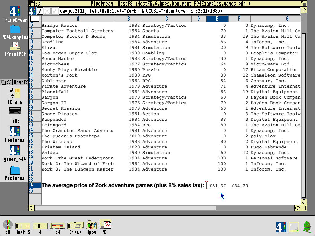 Screenshot showing how the spreadsheet formula bar can also do database querying. We're still using the game database, and the query reads, "davg(j2j31, left(asa31,4)=Zork & csc31=adventure & bsb31<1985" The pricing is style in Homerton Bold.