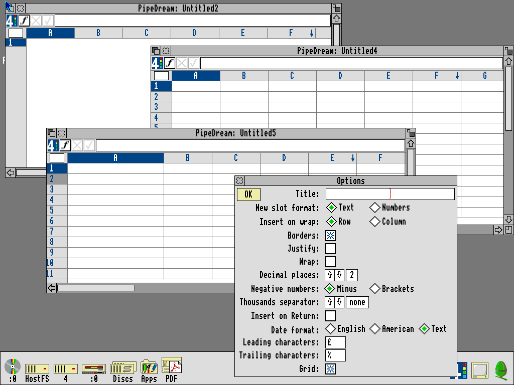 Screenshot showing three open, new documents in PipeDream. Each looks slightly different, with grid lines on or off, and column widths adjusted accordingly. Each represents one context: word processing, spreadsheet, and database. But they're all really the same, it is just the visual options for display that distinguish them.