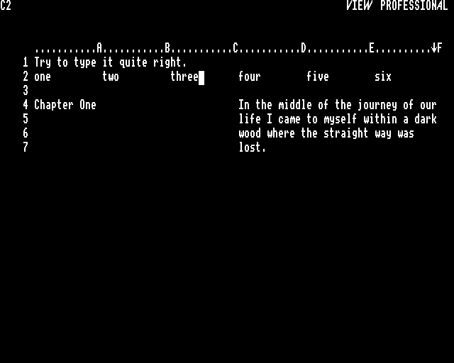 Screenshot from View Professional on the BBC Microcomputer. Black screen with white text. Spreadsheet-style row and column identifiers run along the top and left edges. Placeholder text demonstrates how the columns can be used as the tab stops for writing, or to force text into a specific column group. Here, columns C, D, E, and F are acting as a single column for some of the text. 
