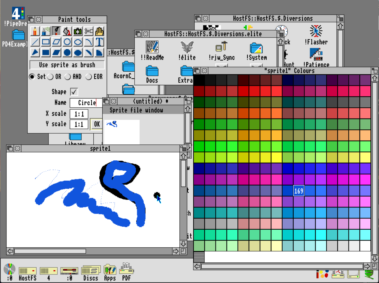 Screenshot of RISC OS with open windows for documents on the desktop overlaid by windows for a paint program. There are no boundaries between the two contexts; it is just windows all over the place. A doodle in one window, a frankly comically large color palette chooser in another window. Tools in another window. 