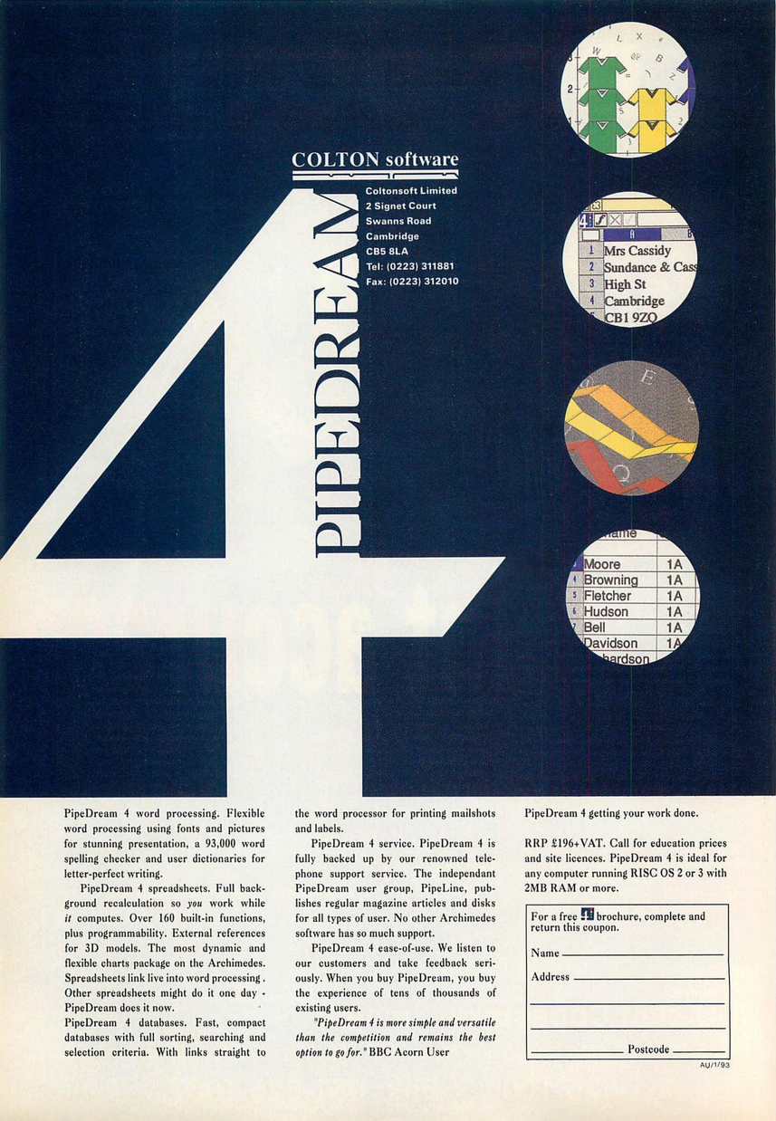 Full page ad for PipeDream 4. Top 2/3 is a dark blue field with a giant "4" in white. Four circles stacked vertically to the right of the four show various features of the application as inset images. Text below is black in three columns on white, along with a clip out coupon to receive a "free brochure." Price is 196 pounds + VAT.