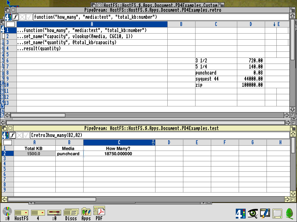 Screenshot from PipeDream showing two open windows. The topmost holds a custom formula called "how_many" that accepts a "media" type and a "total_kb" number. The function uses a vlookup table, embedded in the same document, to find out how many kilobytes a particular media type can hold. It returns the number of media units necessary to hold the total_kb requested. The bottommost panel shows this formula at work, where 1500kb on punchcard media is calculated at 18,7500 punchcards.