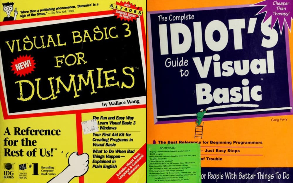 "Visual Basic 3 for Dummies" on the left, and "The Complete Idiot's Guide to Visual Basic" on the right. Choices, choices!