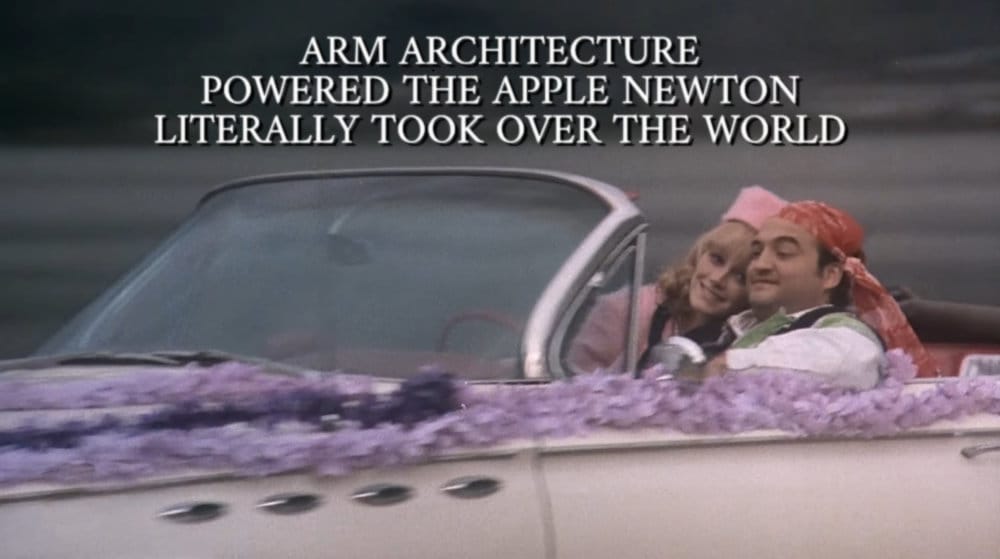 In keeping with the "Where are they now?" theme, each of the next images comes from the end of Animal House, and has been retypeset with blog-appropriate text. This one is John Belushi driving off into his future and reads, "Arm Architecture. Powered the Apple Newton. Literally took over the world."