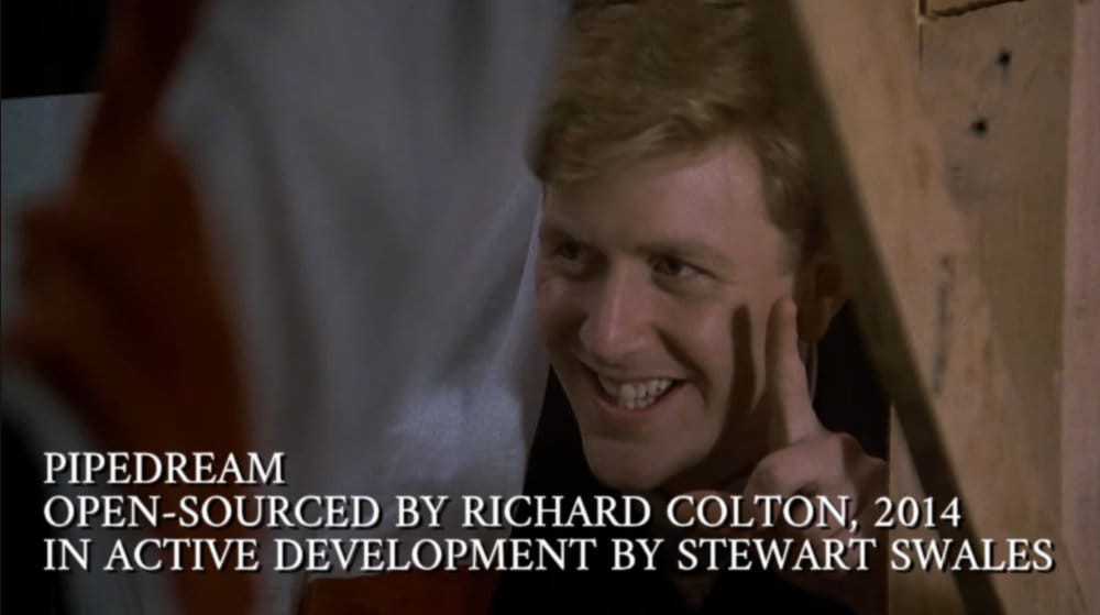 James Widdoes asking the Dean for "one more chance." Caption reads, "PipeDream. Open-source by Richard colton, 2014. In active development by Stewart Swales."