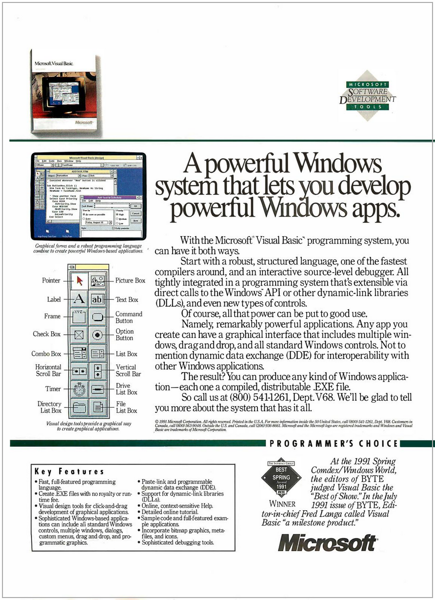 Full page ad for Microsoft Visual Basic 1, showing screenshots of the IDE and toolbox with 16 controls you can use. The headline reads, "A powerful Windows system that lets you develop powerful Windows apps."