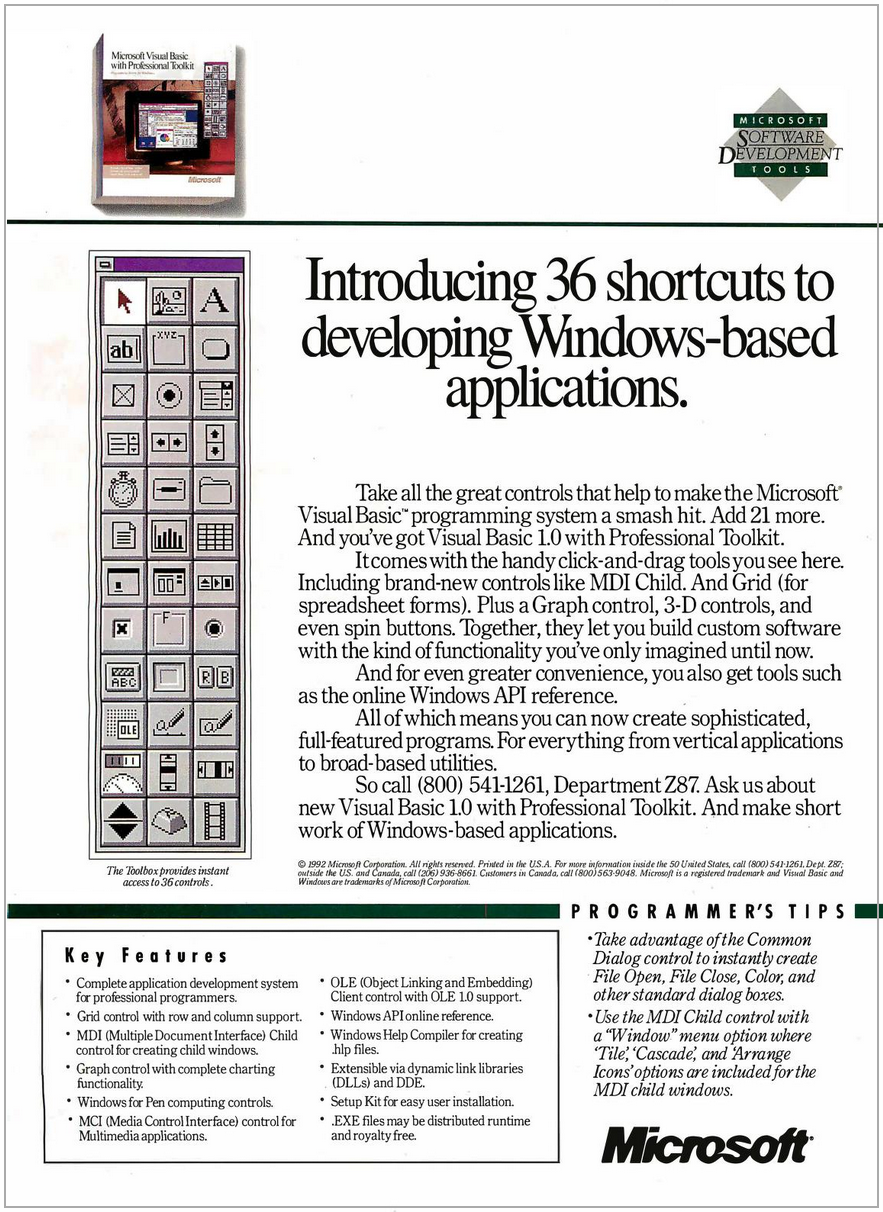 Similar to the previous ad, this one is for the Professional Toolkit edition. The headline reads, "Introducing 36 shortcuts to developing Windows-based applications." The toolbar does indeed have 36 controls, versus the 16 of the standard version.