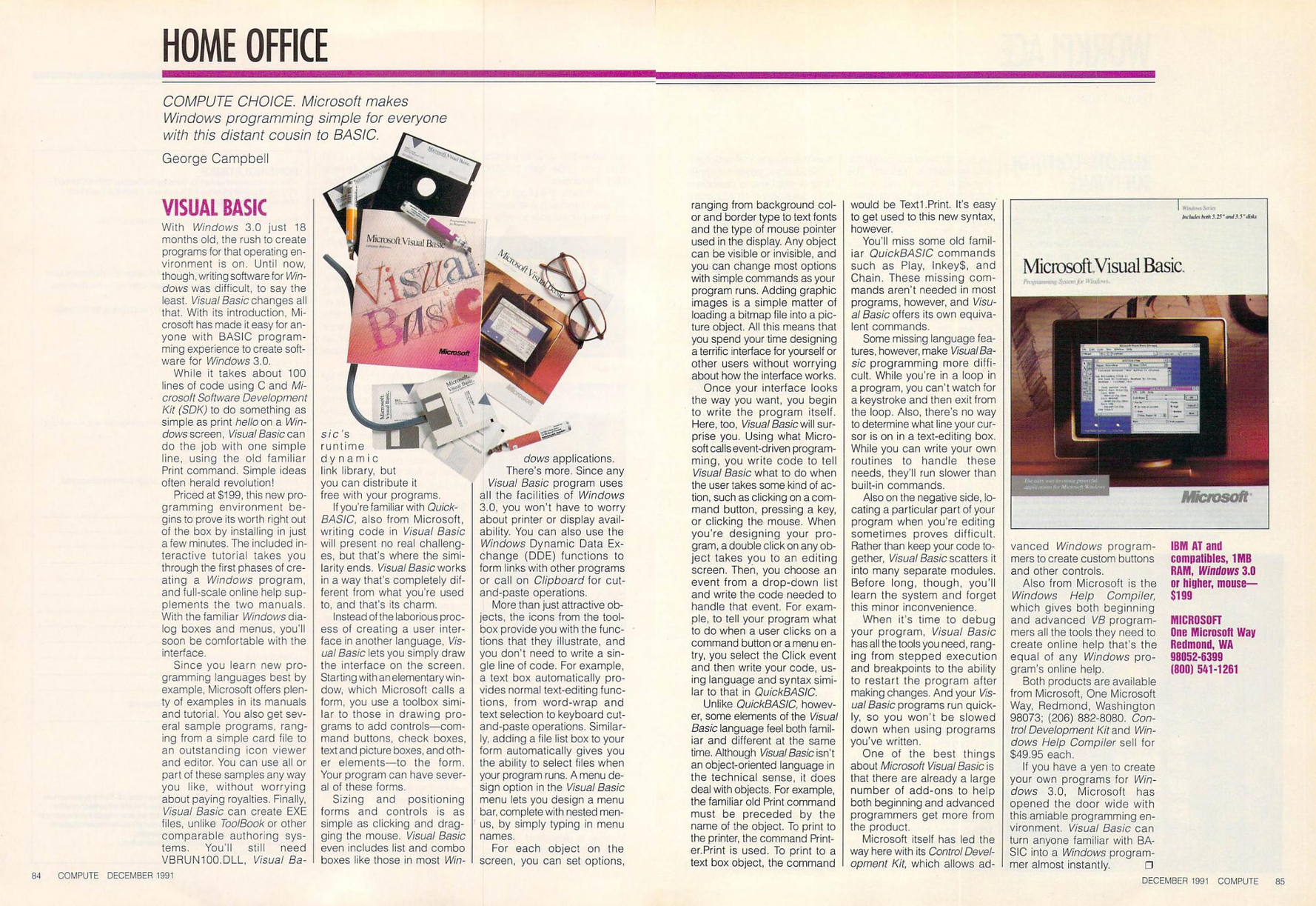 Two page spread from Compute December 1991. It is a review of version 1.0 of Visual Basic. The teaser reads, "Microsoft make Windows programming simple for everyone with this distant cousin to BASIC." It concludes with "If you have a yen to create your own programs for Windows 3.0, Microsoft has opened the door wide with this amiable programming environment."