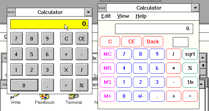 Comparison shot of the demo calculator that ships with Visual Basic and the real-deal calculator that ships with Windows 3.1. The real calc is more full featured, but I swear it looks half-completed, like placeholder buttons, just garish outlines where a button should be in pink, orange, blue, and forest green. Maybe something carried over from the Windows 1, 2 days? The demo app shows professional beveled vaguely Windows 95-ish buttons, neatly arranged on a tight grid.