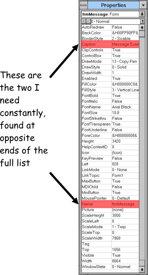 A very, very long list of editable properties, as displayed in the Properties palette for a "Form" object. It starts with AutoRedraw, BackColor, BorderStyle, Caption. It goes on for a while to Name, Picture, ScaleHeight. It ends with Width and WindowState. Caption and Name are the two items I need constantly, but they're found at opposite end of the list. It's a constant hunt for the shifting properties, depending on which control is currently selected.
