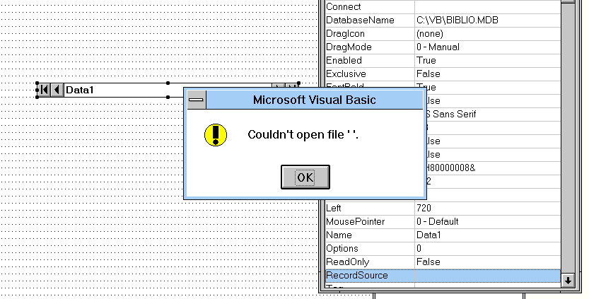 Screenshot from Visual Basic 3 showing the error I encountered whenever I tried to access database files. It reads, "Couldn't open file ' '." (empty file name)