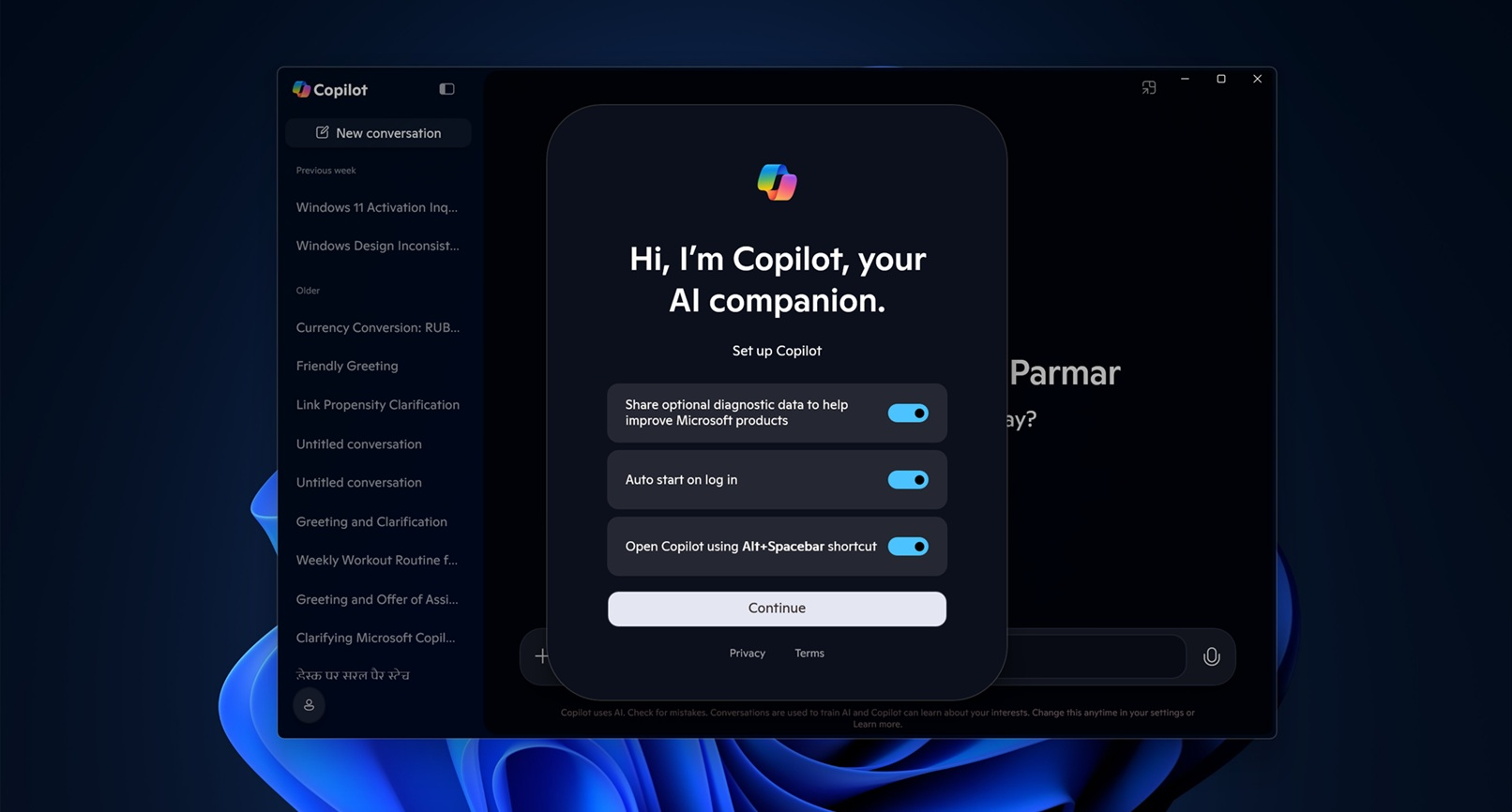 Screenshot of Microsoft's Copilot app for Windows 11. It is the initial setup screen and reads, "Hi, I'm Copilot, your AI companion."