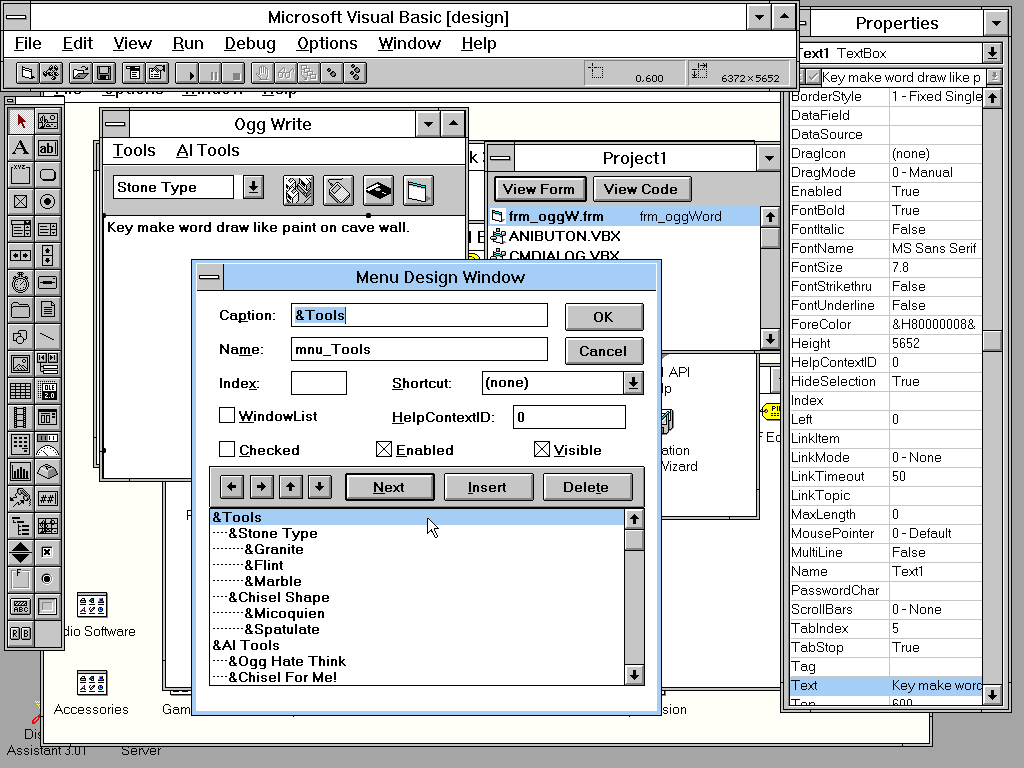 Screenshot from the program showing a project in the works called "Ogg Write". The text in the fake word processor window reads, "Key make word drawn lake paint on cave wall." The active, dominant window is the "Menu Design Window" with tools for building out the application's menus. The top half is devoted to the current menu item's properties, and the bottom half is for rearranging, renesting, and insert/deleting menu items in a vertical list.