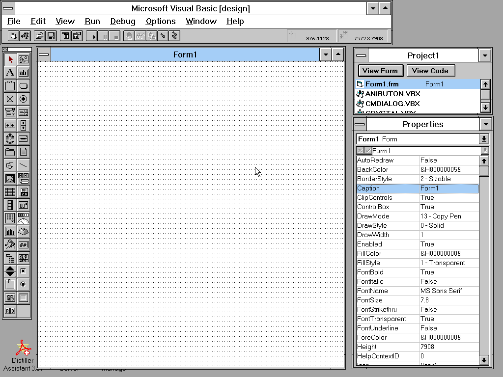 A new, raw project in Visual Basic 3. A menu/toolbar runs along the top, identifying the program and giving tools for load/save and debugging. Down the left is the toolbox, with icons for everything you can add to an application, like buttons, text fields, images, database controls, and more. Occupying most of the screen is the blank canvas for our application. On the right is the Project window, which shows us everything included in the project. Lastly, the Properties palette lists everything about the main application window that we can set, like it's title, background color, font size, width/height, etc.