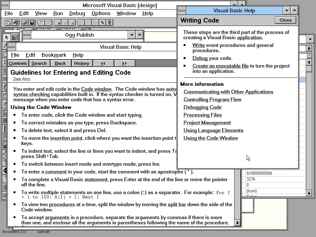 Screenshot from the Visual Basic 3 help system. One subsection called "Writing Code" is open in a panel, which has opened up a feature-rich help viewer showing "Guidelines for Entering and Editing Code". That page runs down, in some detail, how to use the code editor window, with lingo of the program hyperlinked to further explanations.
