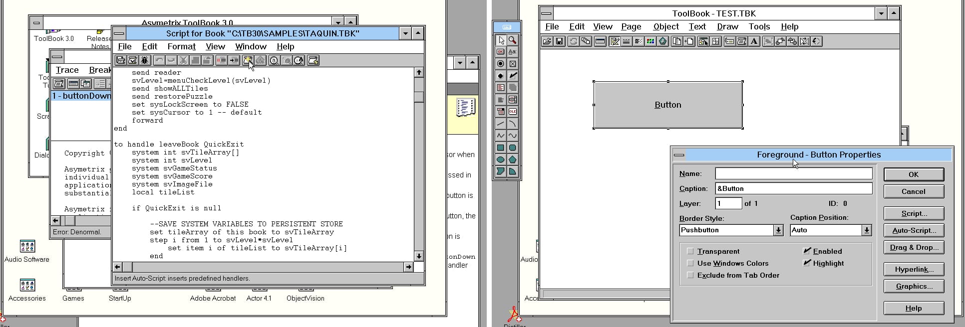 Two screenshots from Asymetrix Toolbook 3 on Windows 3.1. The lefthand image shows the code editor, containing contextual help at the bottom, lots of tools for formatting the text, and lots of menu options for setting up the code editor to your liking. The righthand screenshot shows how Toolbook allows us to edit the properties of a control, in this case a button. The layout is contextual, arranging commons items like "Name", "Caption" and even "Layer" along the left 2/3. The right 1/3 is a selection of buttons for editing deeper properties, like script, graphics, and hyperlinks.