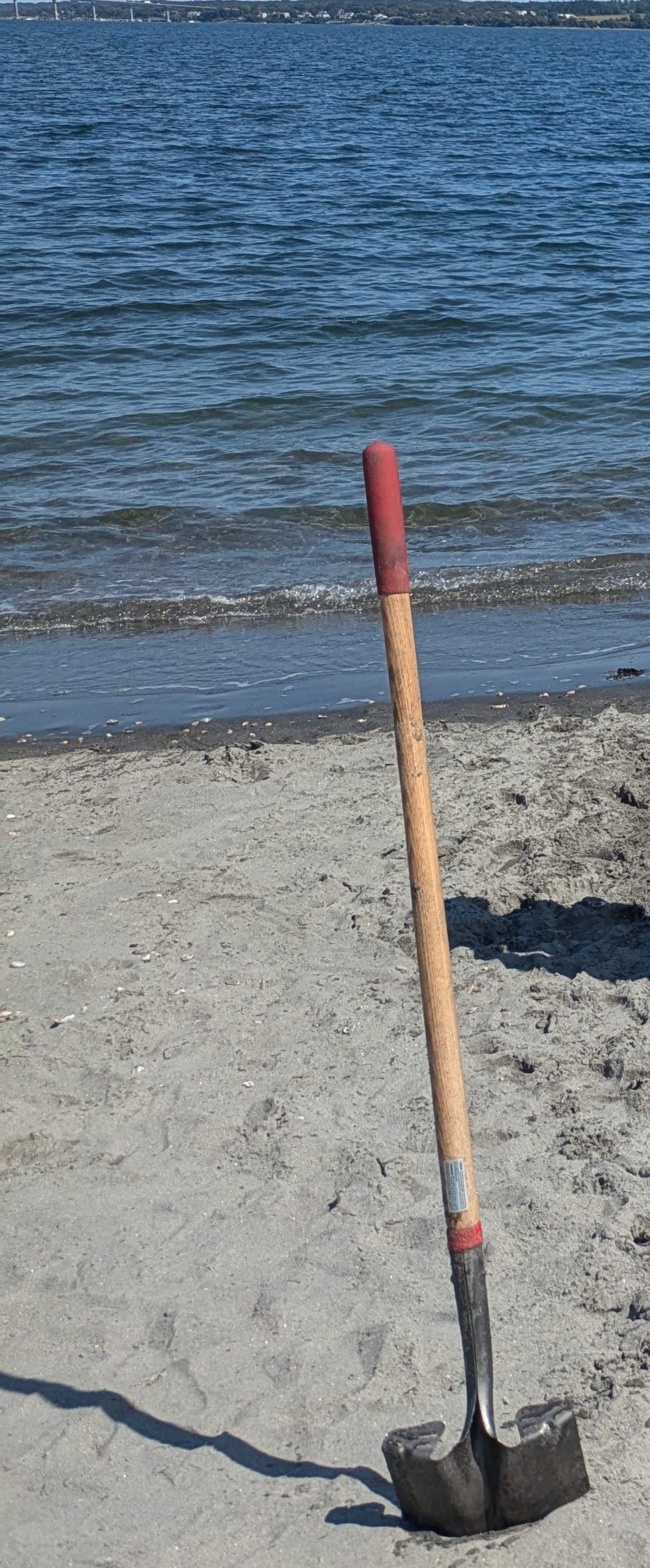 A lone shovel standing upright in the sand, ocean behind it