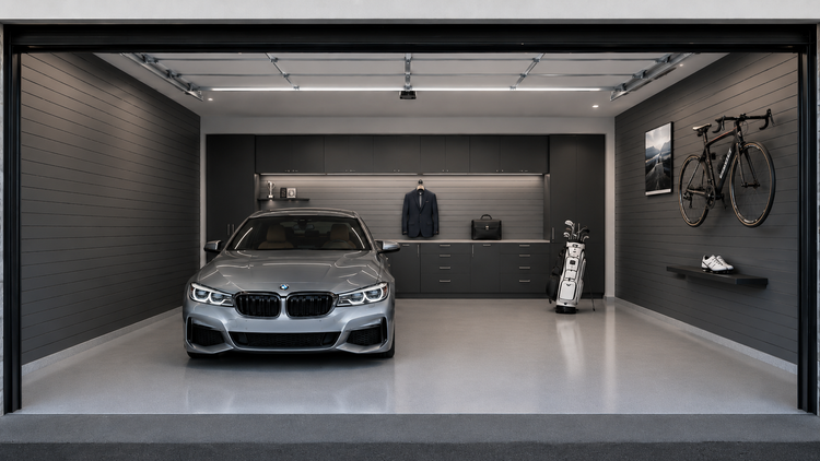 A showroom-perfect garage: BMW, hung suit, briefcase, golf bag, road bike on the wall