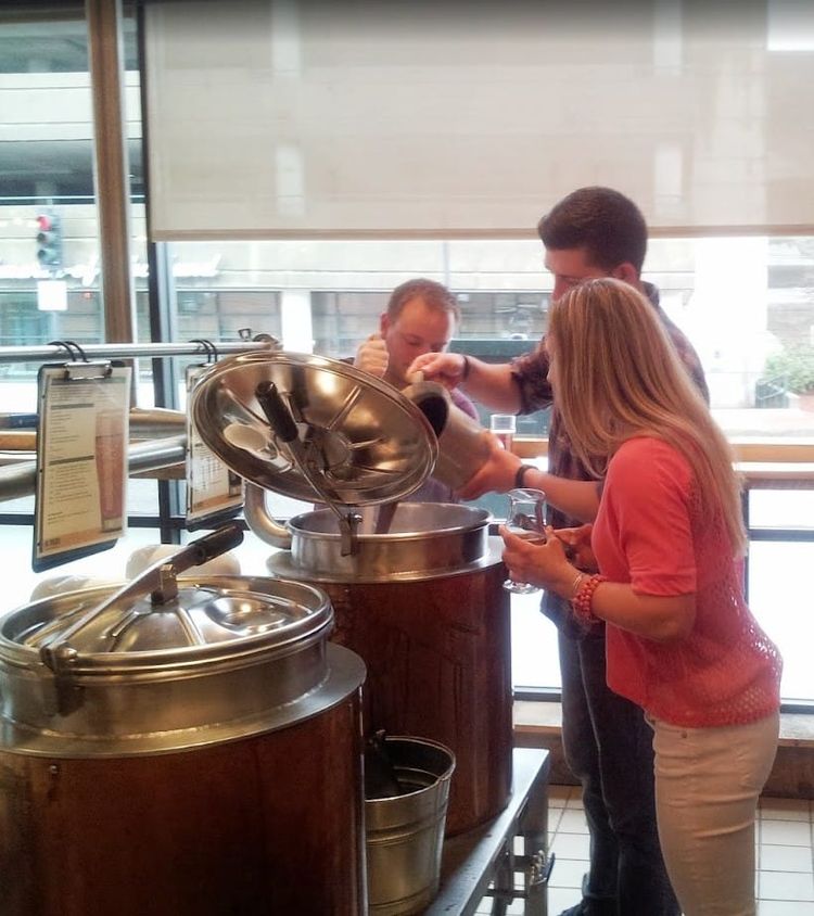 Brewing beer at the copper kettles at Hopsters