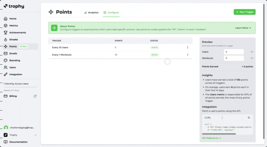 Configuring points triggers in the Trophy dashboard