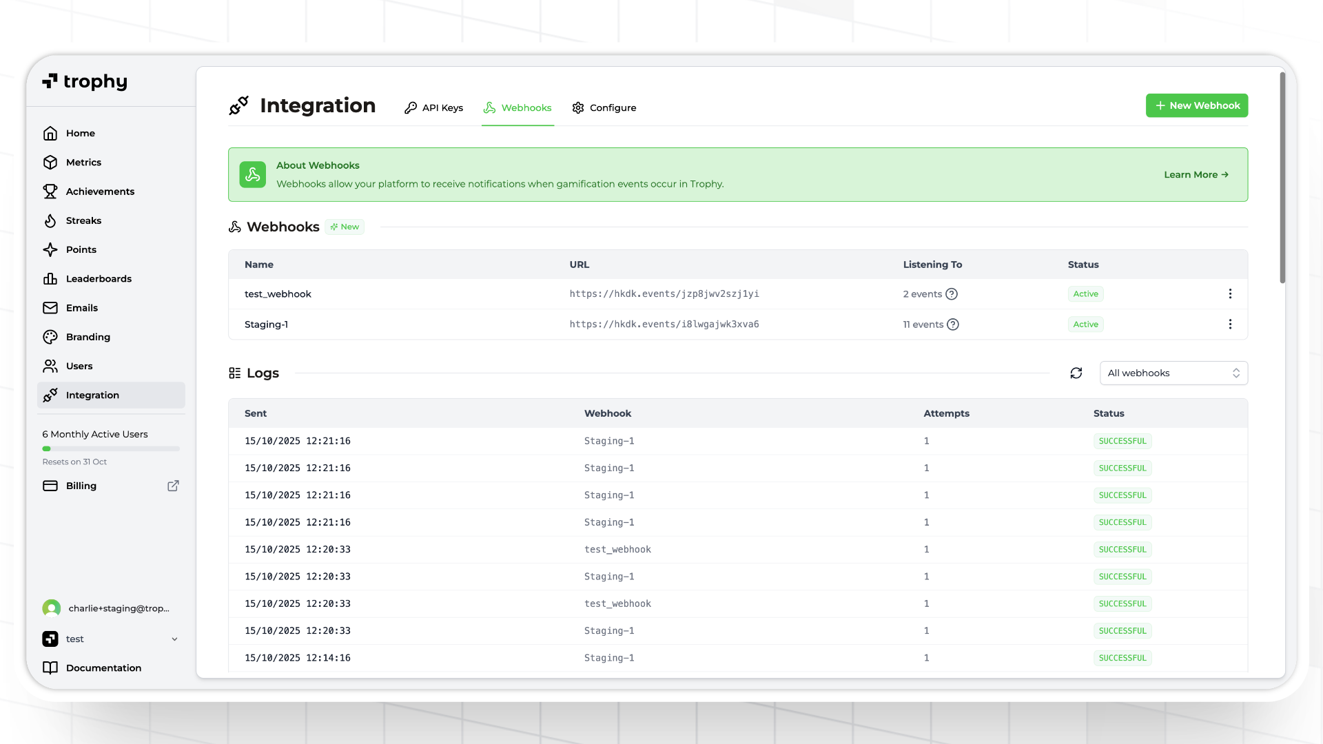 Webhooks in Trophy gamification SaaS