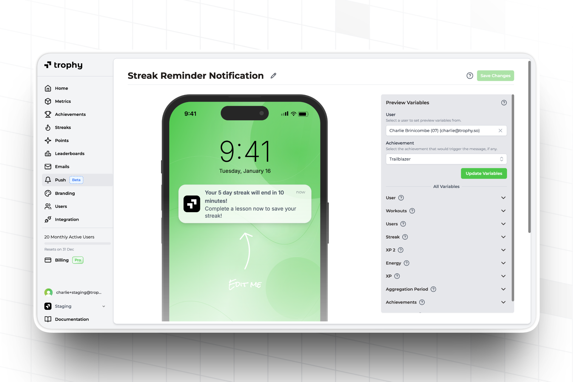 Push Notifications in Trophy Gamification Platform