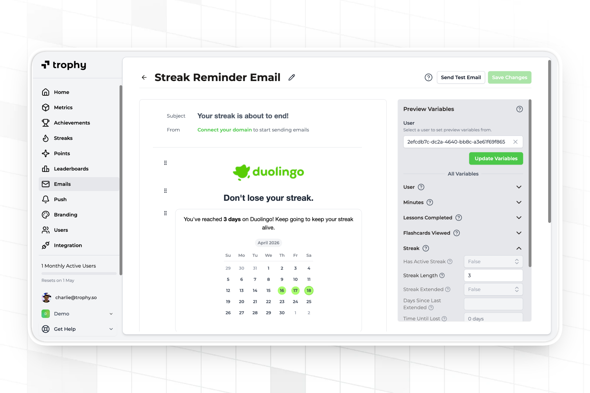 Streak reminder email templates in Trophy
