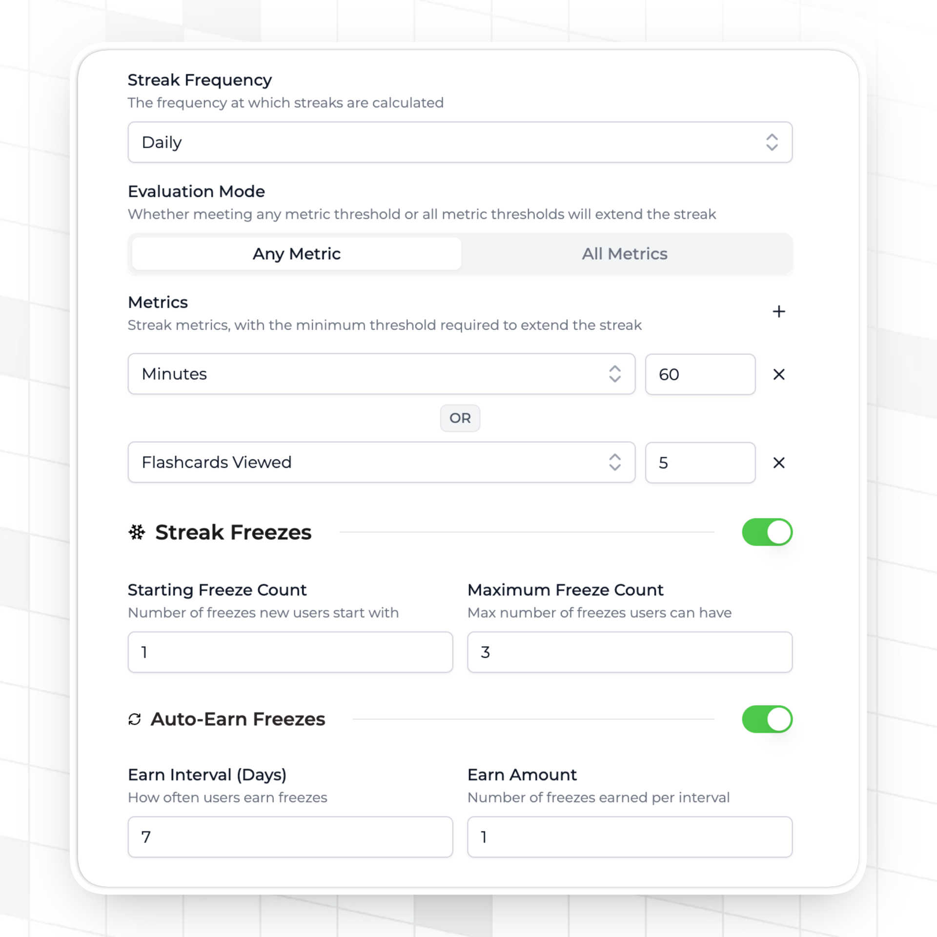 Trophy dashboard showing streak configuration with timezone handling enabled, alongside an API response showing the streak expiry timestamp for a user in a specific IANA timezone.