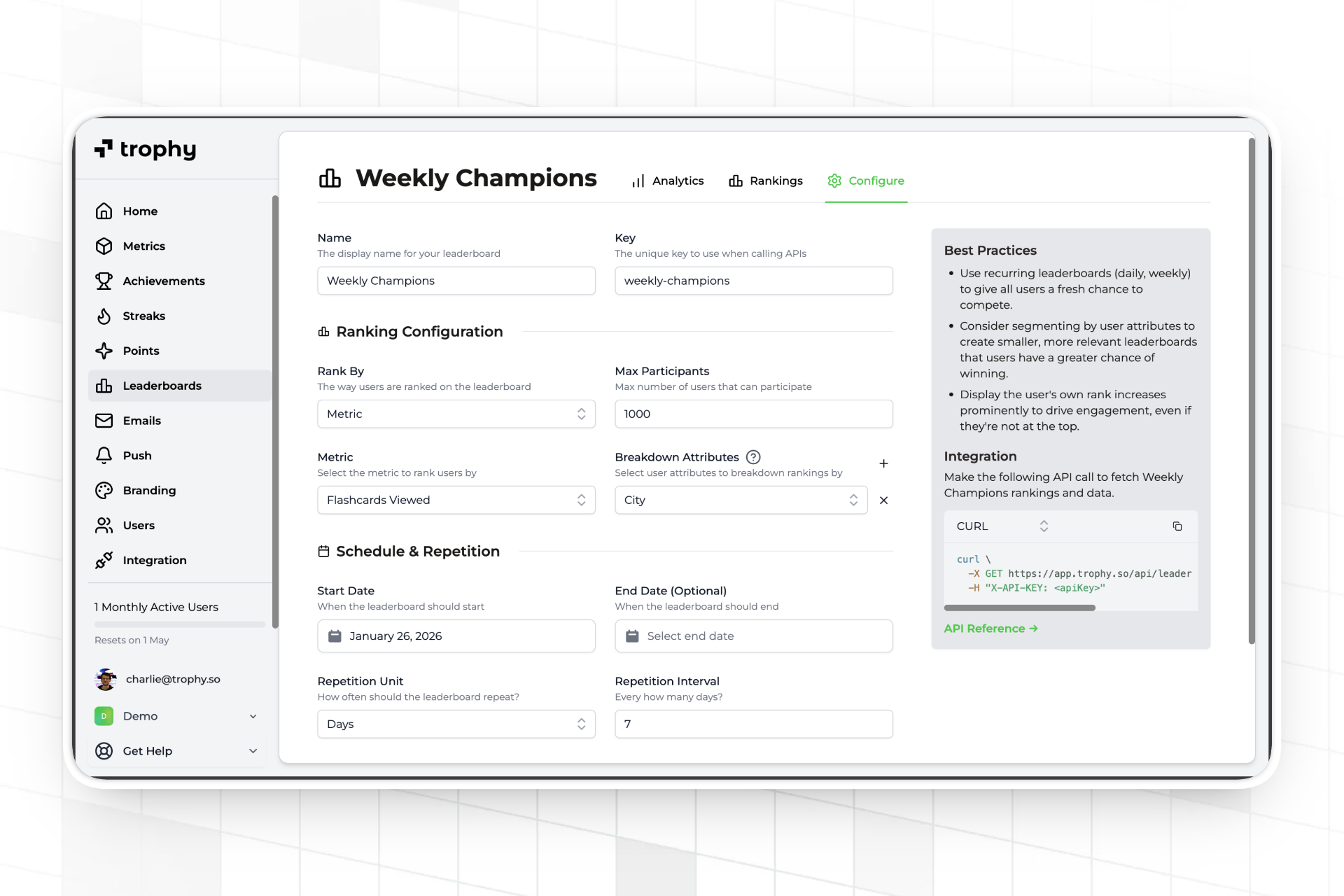 Trophy dashboard leaderboard configuration showing a weekly repeating leaderboard with city breakdown attribute and active rank_changed and finished webhook events.