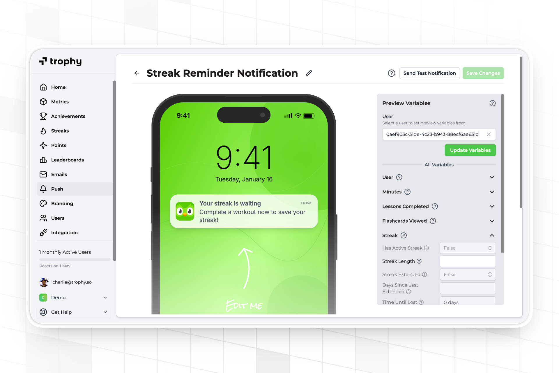 Trophy dashboard push notification builder showing the streak reminder template with user state variables and channel configuration.